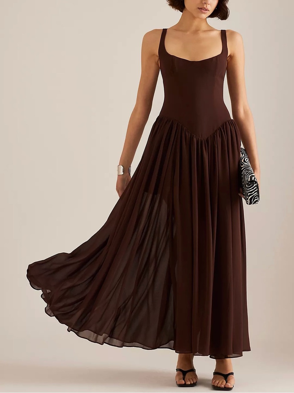 Bardot Brianna Drop Waist Maxi Dress Chocolate Brown Pleated Wedding Guest Sz L
